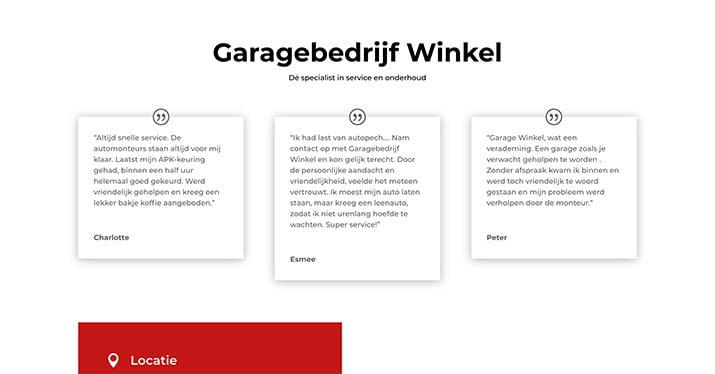 Testiominials garagebedrijf winkel website 