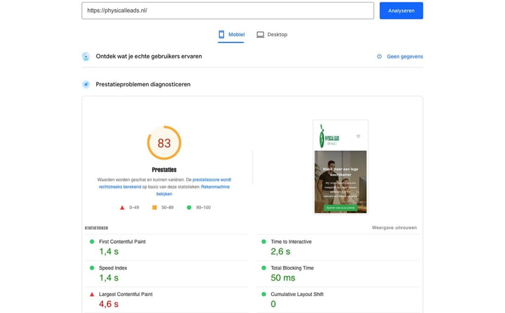 Pagespeed Physical Leads nieuw